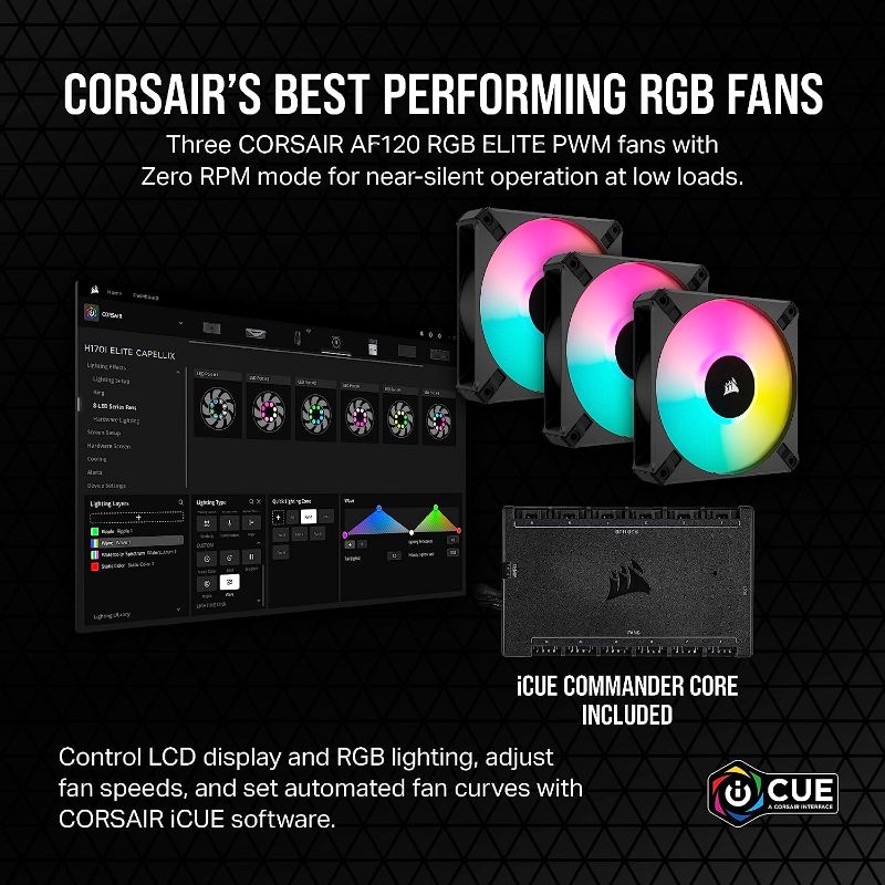 Photo 4 of Corsair iCUE H150i Elite LCD XT Liquid CPU Cooler - IPS LCD Screen - Three AF120 RGB Elite Fans - 360mm Radiator - Fits Intel® LGA 1700, AMD® AM5, and More - Included iCUE Commander CORE - Black