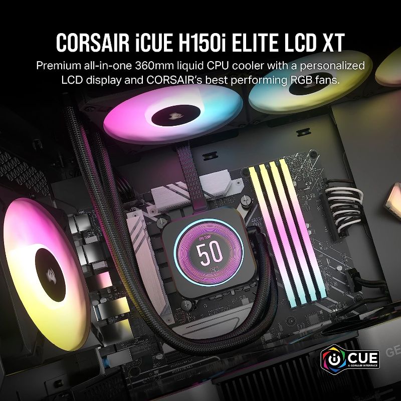 Photo 2 of Corsair iCUE H150i Elite LCD XT Liquid CPU Cooler - IPS LCD Screen - Three AF120 RGB Elite Fans - 360mm Radiator - Fits Intel® LGA 1700, AMD® AM5, and More - Included iCUE Commander CORE - Black