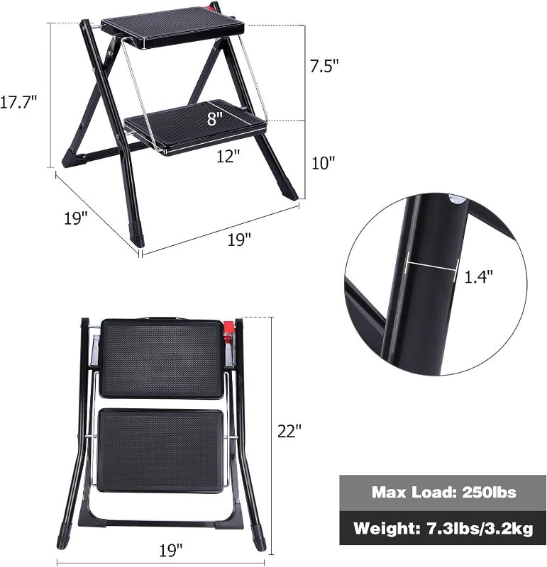 Photo 2 of Varbucamp Step Ladder 2 Step Folding, Lightweight Portable Small 2 Step Ladder with Sturdy Wide Pedal for Kitchen and Household, Black