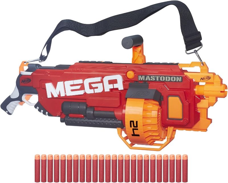 Photo 1 of Dominate Nerf blaster competitions with the Mega Mastodon blaster, the first-ever motorized Nerf Mega blaster.
Storm into the action with this mighty Nerf blaster and launch 2 dozen Mega Whistler darts with the screaming fury of a rampaging beast.
The Ner