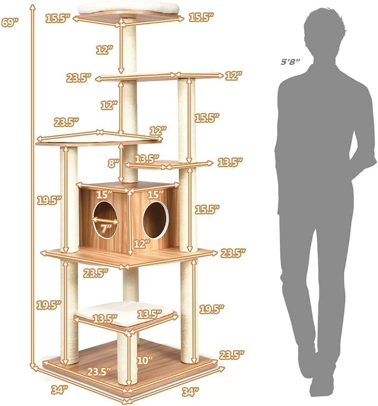 Photo 1 of Tangkula Modern Wood Cat Tree, 69-Inch Cat Tower with Multi-Layer Platform, Tall Cat Tree with Sisal Rope Scratching Posts, Cat Condo Furniture w/Washable Plush Cushions for Large Cats Kittens