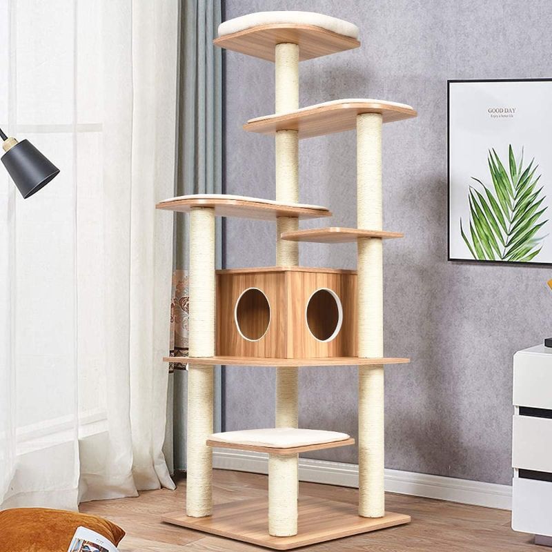 Photo 1 of Tangkula Modern Wood Cat Tree, 69-Inch Cat Tower with Multi-Layer Platform, Tall Cat Tree with Sisal Rope Scratching Posts, Cat Condo Furniture w/Washable Plush Cushions for Large Cats Kittens