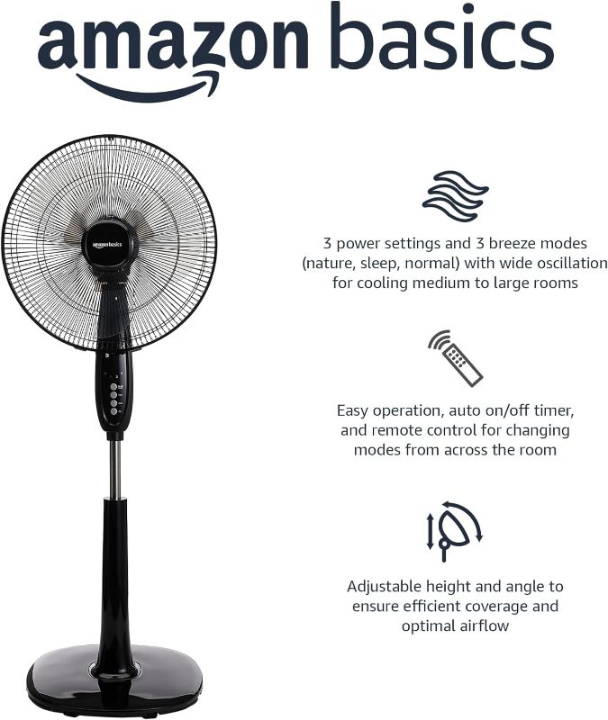 Photo 1 of Amazon Basics Oscillating Dual Blade Standing Pedestal Fan with Remote, 16-Inch, Black