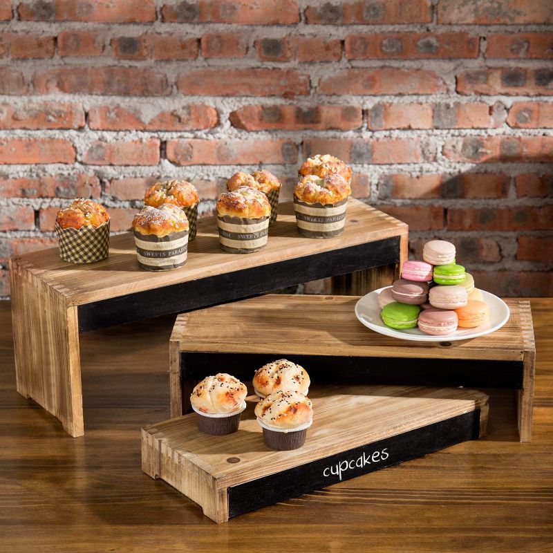 Photo 1 of MyGift 3-Tier Rustic Burnt Dark Brown Wood Cake/Dessert Display Riser Stands with Chalkboard Panels