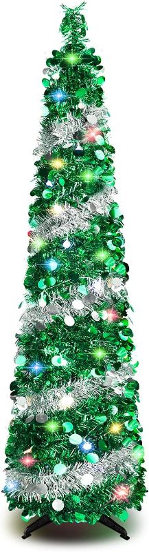 Photo 1 of 
5 FT Christmas Trees with 90 Colorful Lights, Collapsible Artificial Sequin Pop Up Christmas Tree, Tall Skinny Pencil Tinsel Christmas Trees Xmas Tree 