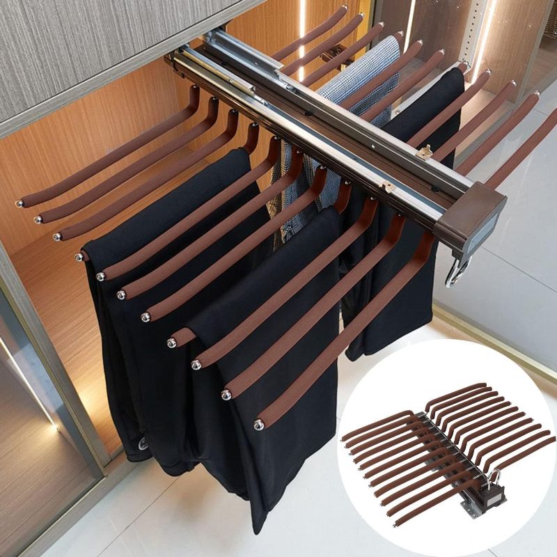 Photo 1 of Nisorpa Pull Out Pants Rack - 22 Arms Steel Pull Out Pants Hangers Jeans Hangers for Closet - Clothing Closet Storage Bar Pants Slide Out Rack Trousers Rack for Closet, Maximum Load 55lbs, Coffee