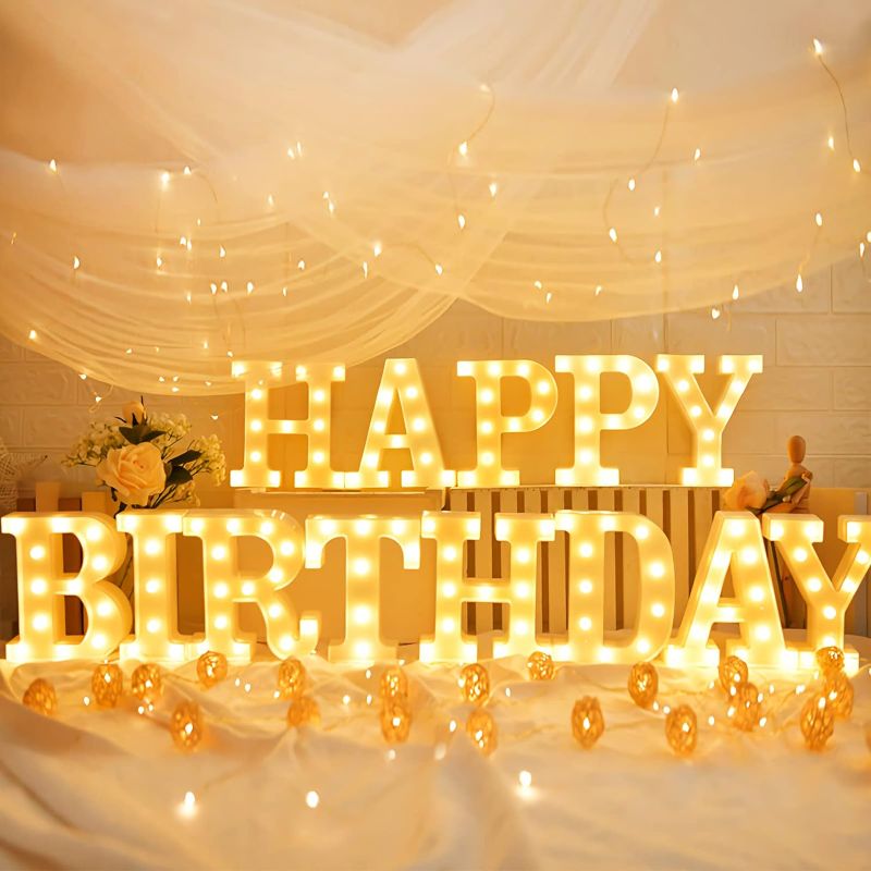 Photo 1 of 155 Bulbs Happy Birthday Marquee Light Up Letters - LED Letter Number Light Sign Decoration for Birthday Home Table Decor White
