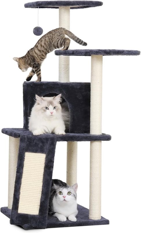 Photo 1 of KSIIA Cat Tree for Indoor Cats 43 Inch Tall Cat Climbing Tower with Sisal-Covered Scratching Post & Board Modern Kittens Activity Condo House with Plush Perch, Grey
