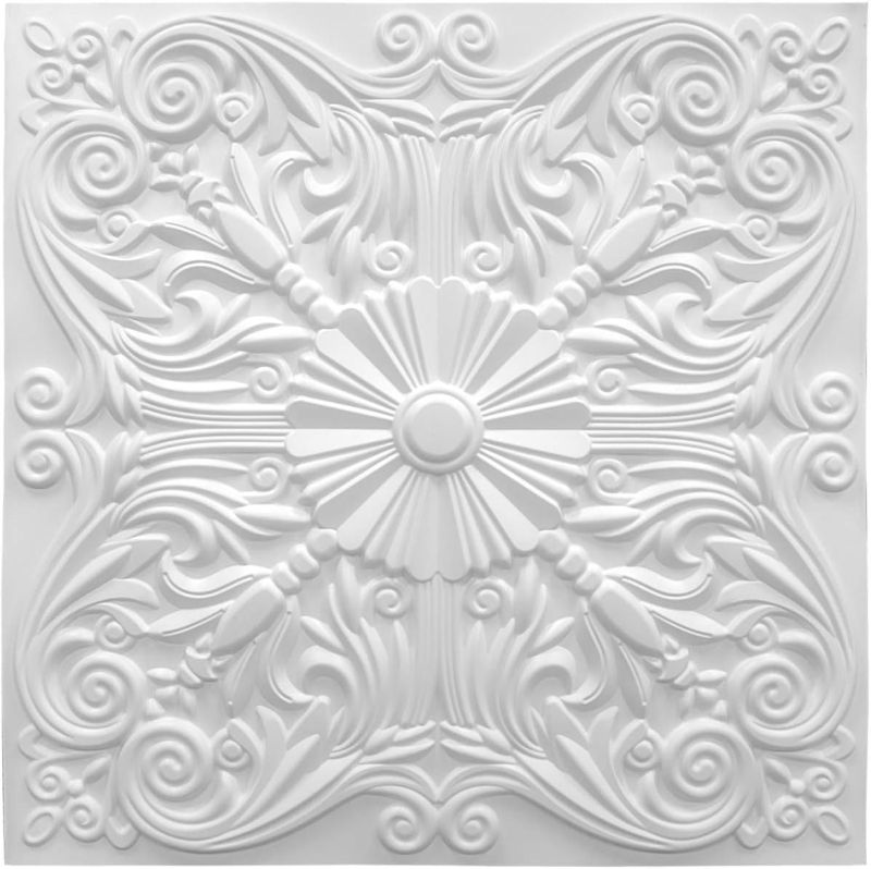 Photo 1 of Art3d Decorative Ceiling Tile 2x2 Glue up, Lay in Ceiling Tile 24x24 Pack of 12pcs Spanish Floral in Matt White
