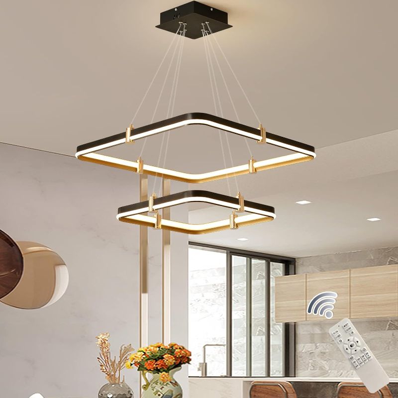 Photo 1 of Siittoo Modern Black Chandelier Dining Room Light Fixture, 96W Dimmable LED Modern Pendant Light, 2-Ring Rectangular Chandelier Hanging Light Fixture for Kitchen Island Living Room Hall, ?=24''+16''
