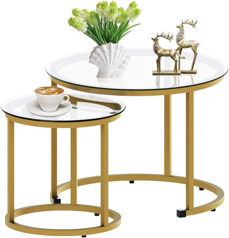 Photo 1 of aboxoo Gold Nesting Coffee Table Set of 2, Small Glass Nesting Tables for Living Room Bedroom, Accent Tea Table with Metal Frame Modern Industrial Simple
