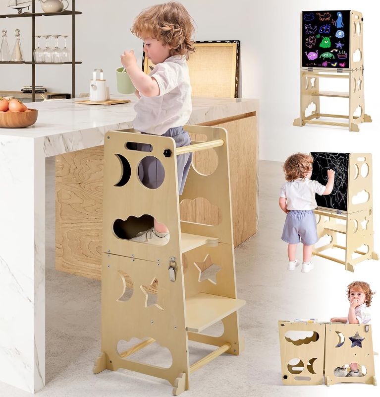 Photo 1 of Toddler Kitchen Stool Helper, 4 in 1 Toddler Standing Tower Collapsible Kids Step Stool, Child Standing Tower for Toddlers 1-3 with Safety Rails
