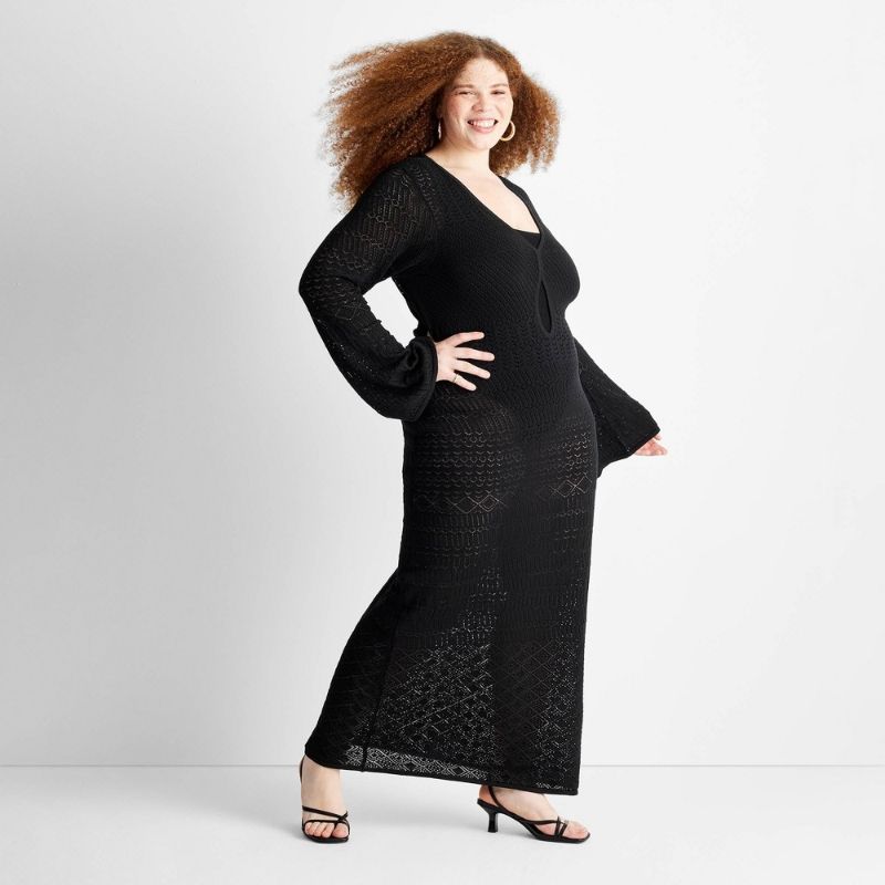 Photo 1 of 1X Women's Long Sleeve Open-Work Stitch MIDI Dress - Future Collective™ with Jenny K. Lopez Black