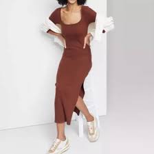 Photo 1 of XS Women's Long Sleeve Brown Rib Knit Midi Dress 