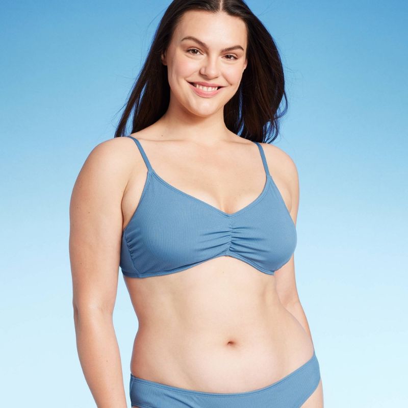 Photo 1 of Large Women'sShirred Ribbed Bralette Bikini Top - Shade & Shore™ Blue L: Adjustable Straps, Removable Cups, V-Neck