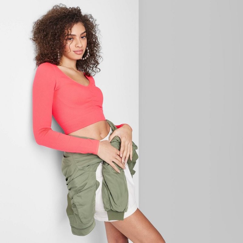 Photo 1 of Large Women's Long Sleeve V-Neck Front Cinch Fitted T-Shirt - Wild Fable™ Coral