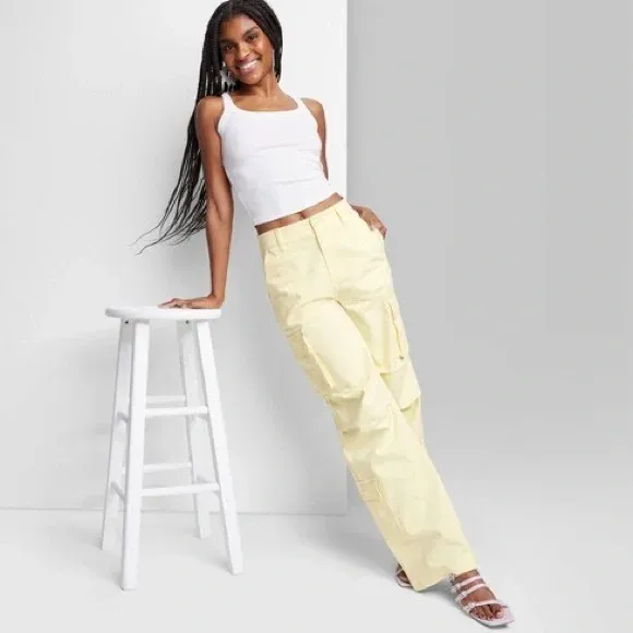 Photo 1 of Large Women's High-Rise Cargo Utility Pants - Wild Fable Light Yellow 