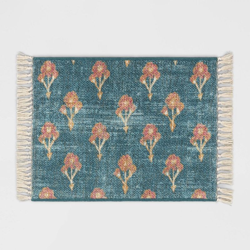 Photo 1 of 2'x3' Washable Floral Block Printed Accent Rug Blue - Threshold