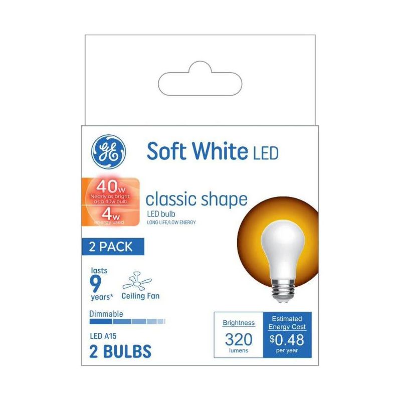 Photo 1 of 2-GE 4W 2pk LED A15 Medium Base Ceiling Fan Light Bulbs Soft White