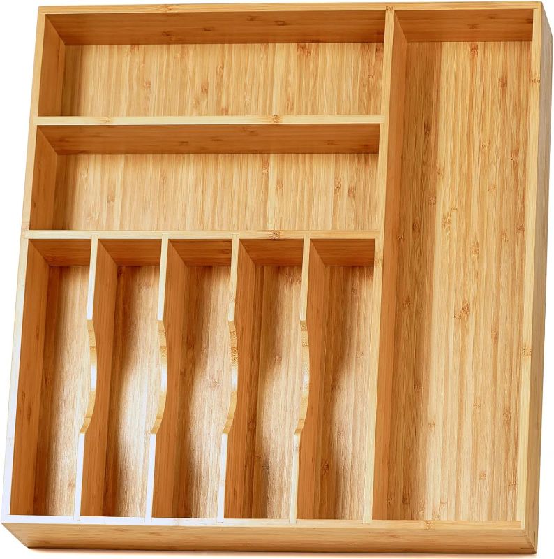 Photo 1 of Umilife Large Kitchen Drawer Organizer, 19"x19" Silverware Utensils Organizer, 2.5" High for Large Deep Drawers, Bamboo Flatware Holder with Thick Frames, Sturdy Kitchen Organization Tray