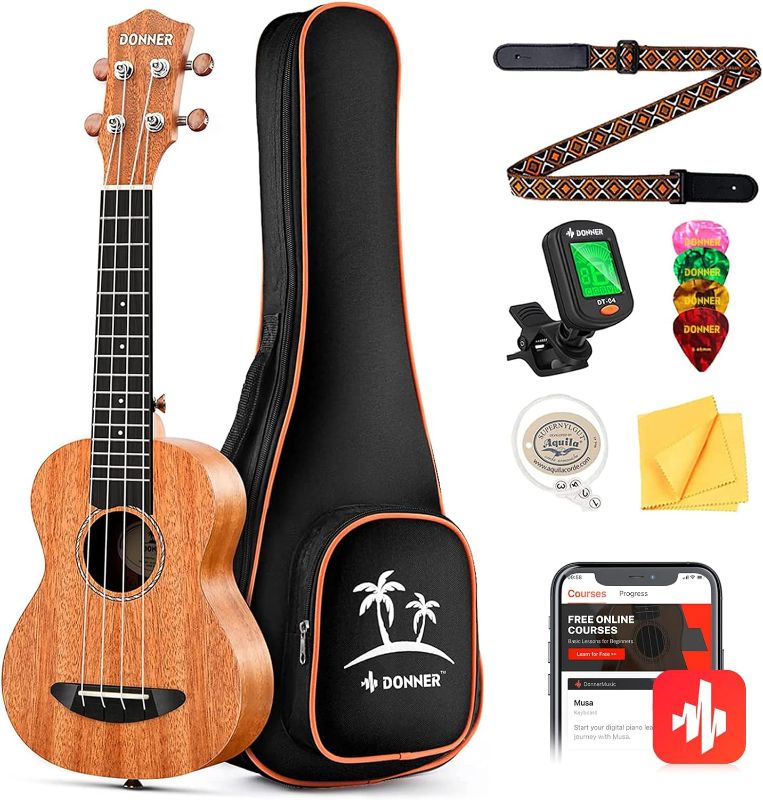 Photo 1 of Donner Concert Ukulele Beginner Mahogany 23 Inch Ukelele Kit with Free Online Lesson Gig Bag Strap Nylon String Tuner Picks Cloth DUC-1 Gift Choice