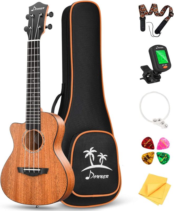 Photo 1 of Donner Left handed Concert Ukulele Mahogany 23 Inch Professional Cutaway Ukelele Bundle Kit for Beginner Adults with Gig Bag Strap Nylon String Tuner Picks Cloth DUC-100L Ukalalee Yukalalee