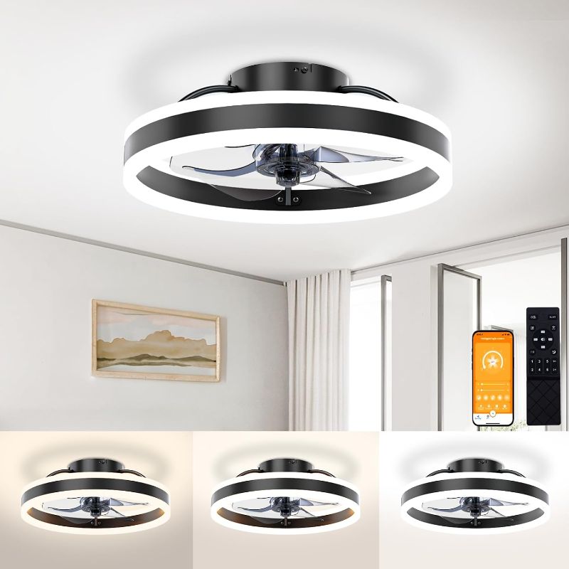 Photo 1 of  Fandelier Ceiling Fans with Lights and Remote, 15.7in Low Profile Ceiling Fan Flush Mount, 3000K-6500K Dimmable Bladeless LED Fan Light, Black Modern Ceiling Fans with Lights for Bedroom