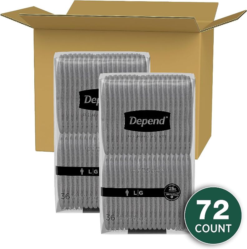 Photo 1 of Depend Fresh Protection Adult Incontinence Underwear for Men, Disposable, Maximum, Large, Grey, 72 Count (2 Packs of 36), Packaging May Vary