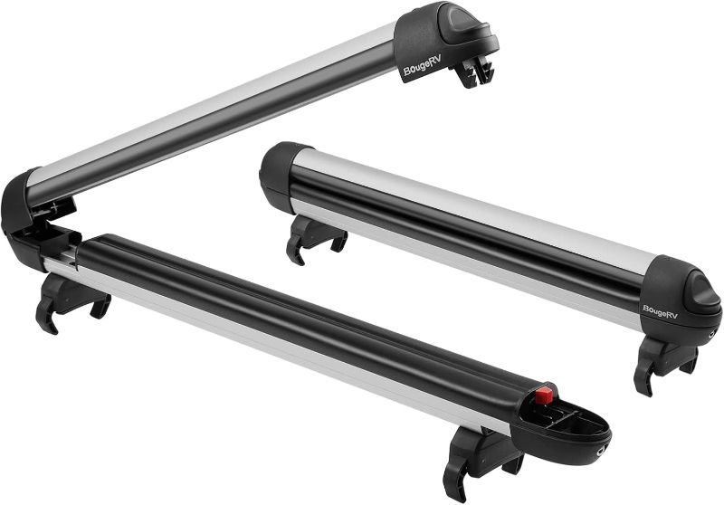 Photo 1 of BougeRV Lockable Ski & Snowboard Racks, Extension with Sliding Feature, 28'' Fits 6 Pairs Skis or 4 Snowboards, Crab Mounting System Fits for Square/Round/Aero/Oval Cross Bars (Gray)