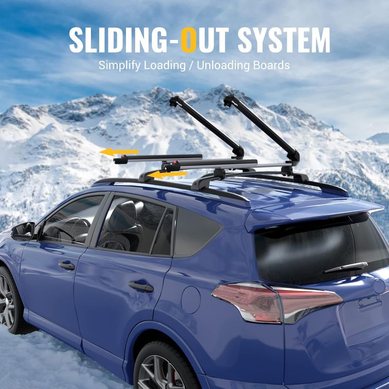 Photo 1 of BougeRV Lockable Ski & Snowboard Racks, Extension with Sliding Feature, 28'' Fits 6 Pairs Skis or 4 Snowboards, Crab Mounting System Fits for Square/Round/Aero/Oval Cross Bars (Gray)