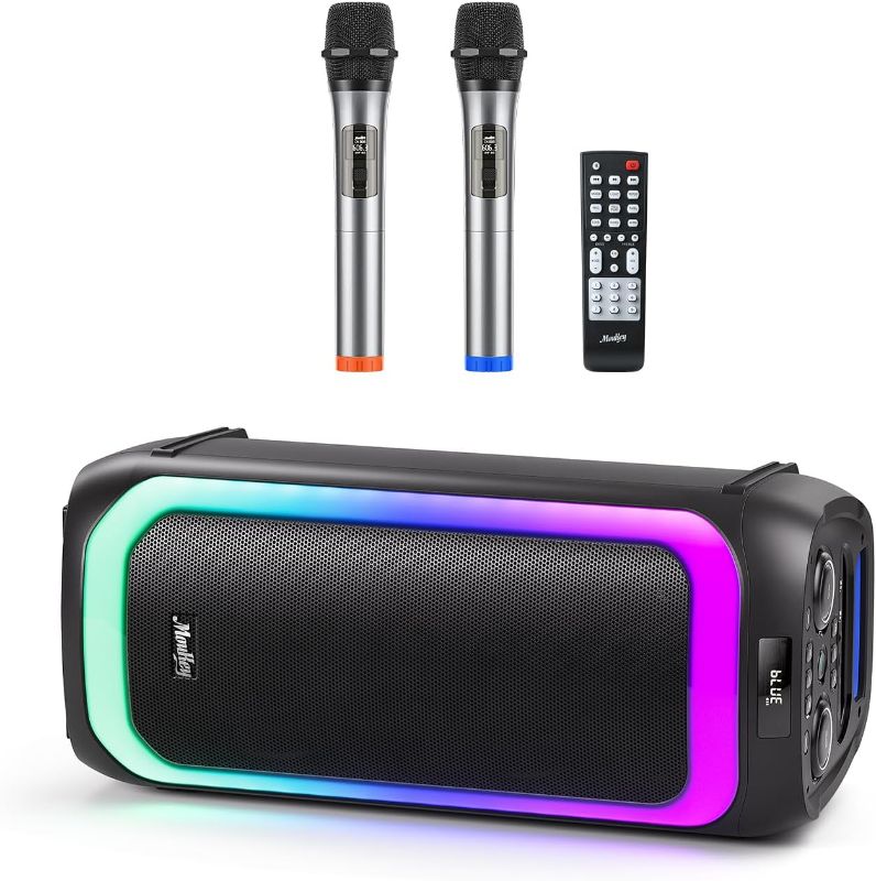 Photo 1 of Moukey Karaoke Machine with 2 UHF Wireless Microphones, Dual 6.5" Bass Party Speaker, Portable Bluetooth PA System with Disco Lights, Echo/Treble/Bass Adjustment, Support TWS/AUX/USB/TF/FM