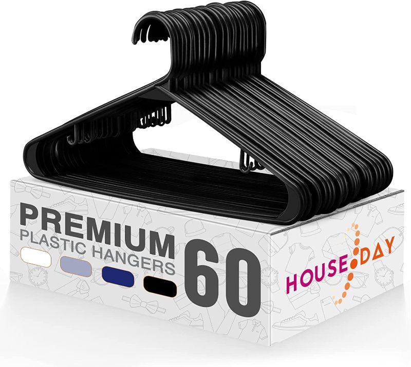 Photo 1 of HOUSE DAY Black Plastic Hangers 60 Pack, Clothes Hangers with Non Slip Hooks, Durable & Space Saving Coat Hanger, Light-Weight Clothing Hangers, Perfect Closet Organizer for Everyday Use