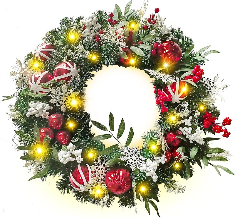 Photo 1 of yoyomax Christmas Wreath, Pre-Lit Artificial Christmas Wreath for Indoor Outdoor Christmas Decorations, Lighted Christmas Wreath, Christmas Spruce Wreath, Christmas Collection, 24 Inches-Red/White