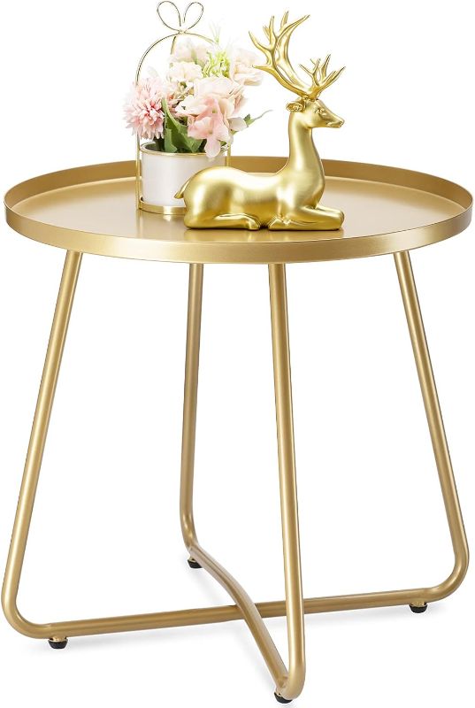 Photo 1 of danpinera Outdoor Side Tables, Weather Resistant Steel Patio Side Table, Small Round Outdoor End Table Metal Side Table for Patio Yard Balcony Garden Bedside (Gold)