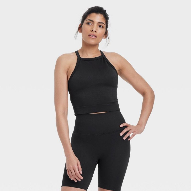 Photo 1 of Medium Women's Seamless Rib Cropped High Neck Tank Top - All in Motion™ Black