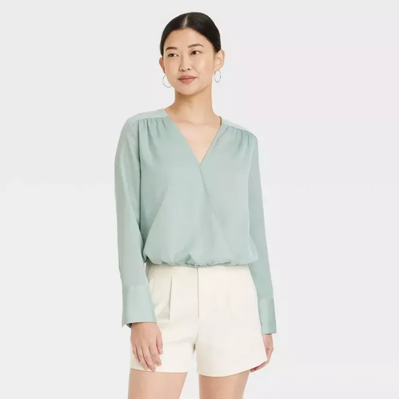 Photo 1 of Small Women's Long Sleeve V-Neck Wrap Blouse - A New Day Seafoam S