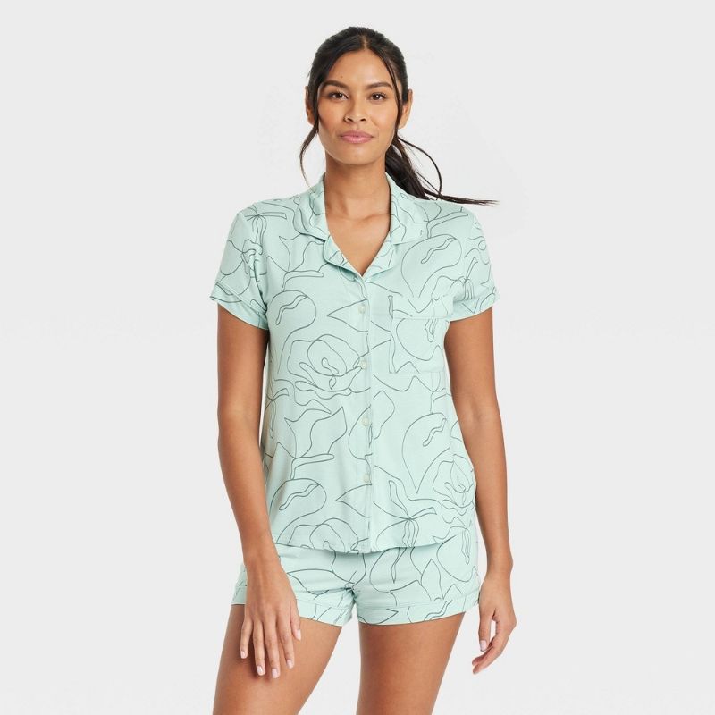 Photo 1 of (M) Women's Beautifully Soft Short Sleeve Notch Collar Top and Shorts Pajama Set - Stars Above™ Green/Floral M