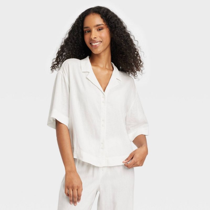 Photo 1 of Medium Women's Linen Blend Button-up Pajama Top - Stars Above™ White