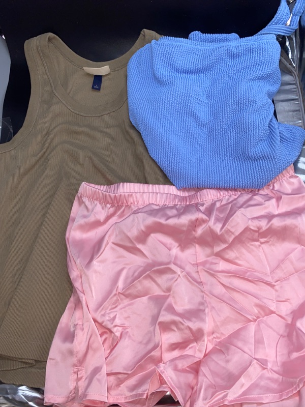 Photo 1 of Large 3Pcs Clothing Bundle Tan Shirt Pink Sleeping Shorts and Blue Bathing suit 