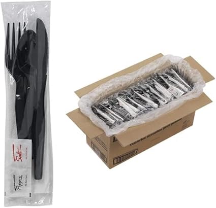 Photo 1 of 250 Plastic Cutlery Packets - Knife Fork Spoon Napkin Salt Pepper Sets | Black Plastic Silverware Sets Individually Wrapped Cutlery Kits, Plastic Utensil Cutlery Set Disposable Bulk To Go Silverware