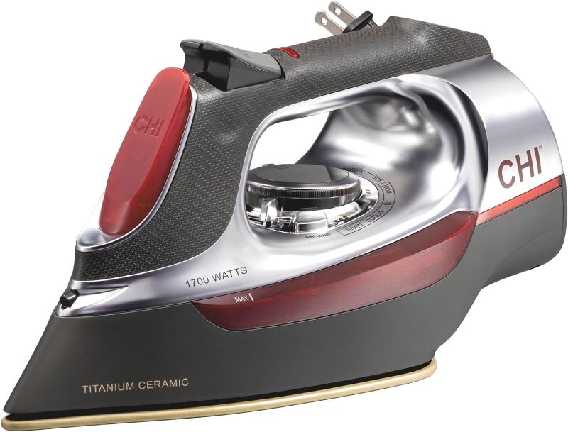 Photo 1 of CHI Steam Iron for Clothes with 8’ Retractable Cord, 1700 Watts, 3-Way Auto Shutoff, 400+ Holes, Professional Grade, Temperature Control Dial, Titanium Infused Ceramic Soleplate, Silver