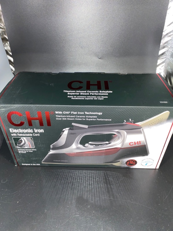 Photo 3 of CHI Steam Iron for Clothes with 8’ Retractable Cord, 1700 Watts, 3-Way Auto Shutoff, 400+ Holes, Professional Grade, Temperature Control Dial, Titanium Infused Ceramic Soleplate, Silver USED**