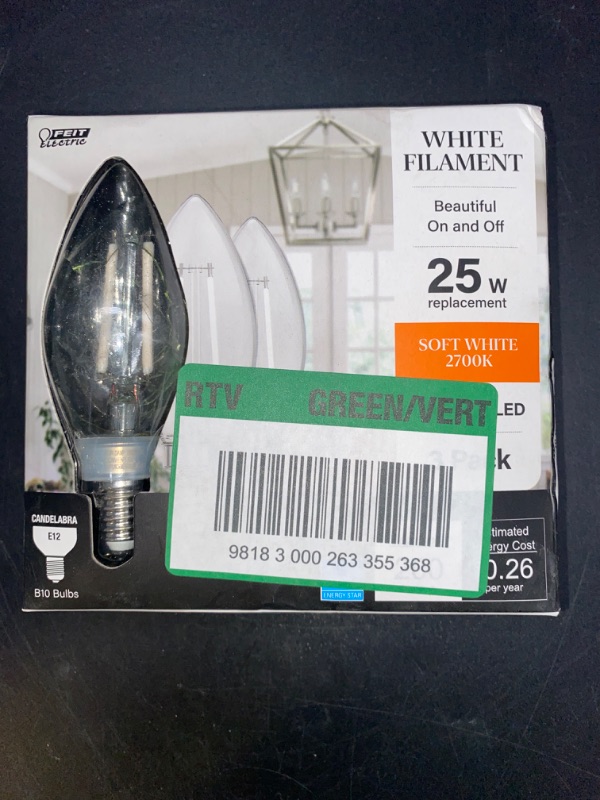 Photo 2 of 25-Watt Equivalent B10 E12 Candelabra Dim White Filament Clear Glass Chandelier LED Light Bulb Soft White 2700K (3-Pack)