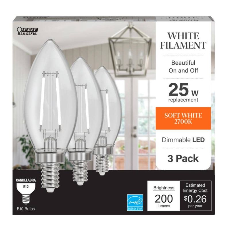 Photo 1 of 25-Watt Equivalent B10 E12 Candelabra Dim White Filament Clear Glass Chandelier LED Light Bulb Soft White 2700K (3-Pack)