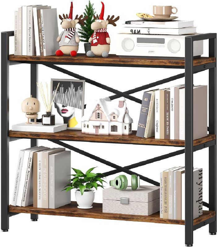 Photo 1 of 3 Tier Bookshelf 31.49" Width, Wood and Metal Etagere Bookcase, Vintage Farmhouse Modern Wooden Big Book Shelf for Home Living Room Bedroom Office Storage(Rustic Brown)