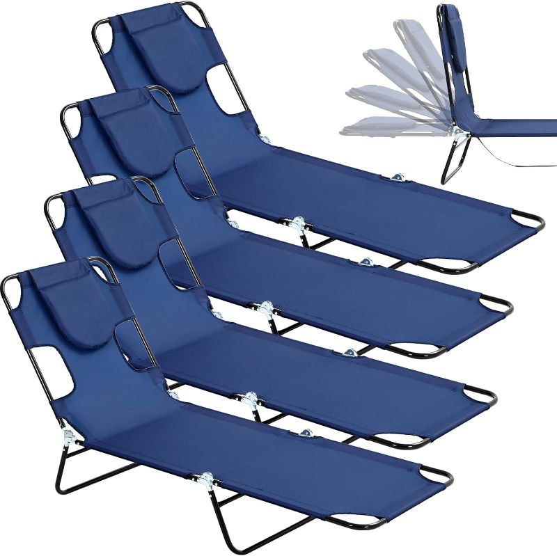 Photo 1 of 4 Pack Folding Beach Lounger Sunbathing Chair Heavy Duty Tanning Chair with Face Hole Adjustable 5 Position Folding Chairs, Backpack Straps, for Patio Pool Lawn Deck (Navy Blue, Black)