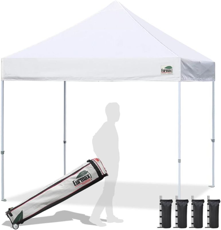 Photo 1 of Eurmax USA Standard 10x10ft Patio Pop Up Canopy Tent for Outdoor Events Commercial Instant Canopies with Heavy Duty Roller Bag,Bonus 4 Canopy Sand Bags (White)