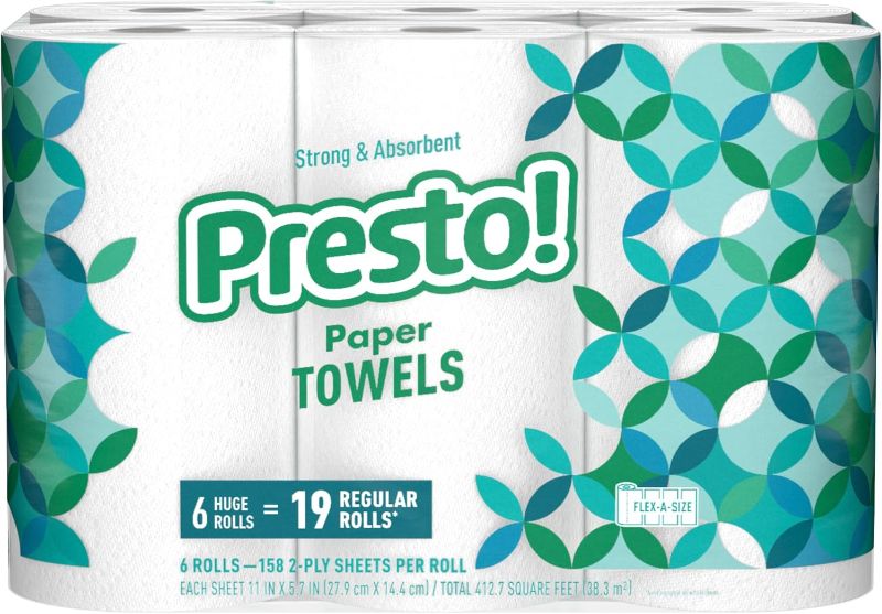 Photo 1 of Amazon Brand - Presto! Flex-a-Size Paper Towels, 158 Sheet Huge roll, 6 Rolls, Equivalent to 19 Regular Rolls, White