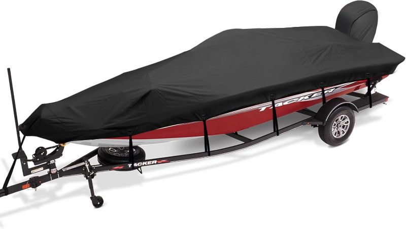 Photo 1 of Boat Cover 16-18.5 ft 900D Waterproof Boat Covers with Motor Cover Fits Bass Boat V-Hull Tri-Hull Bass Boat Runabout Trailerable Marine Grade Boat Cover,Pro-Style Bass Boat with Tightening Strap