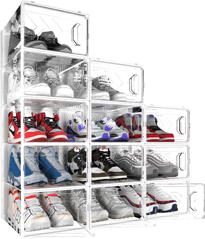 Photo 1 of BomSaluka Large 9 Pack Shoe Storage Box, Clear Plastic Stackable Shoe Organizer for Closet, Space Saving Foldable Shoe Rack Sneaker Container Bin Holder SEALED BOX**